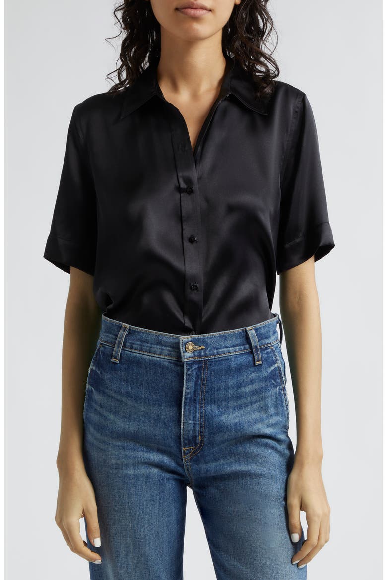 Elah Short Sleeve Silk Shirt, Main, color, BLACK
