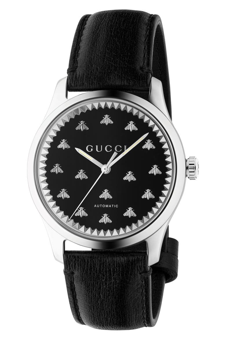 Bee Automatic Leather Strap Watch, 42mm, Main, color, BLACK/ SILVER