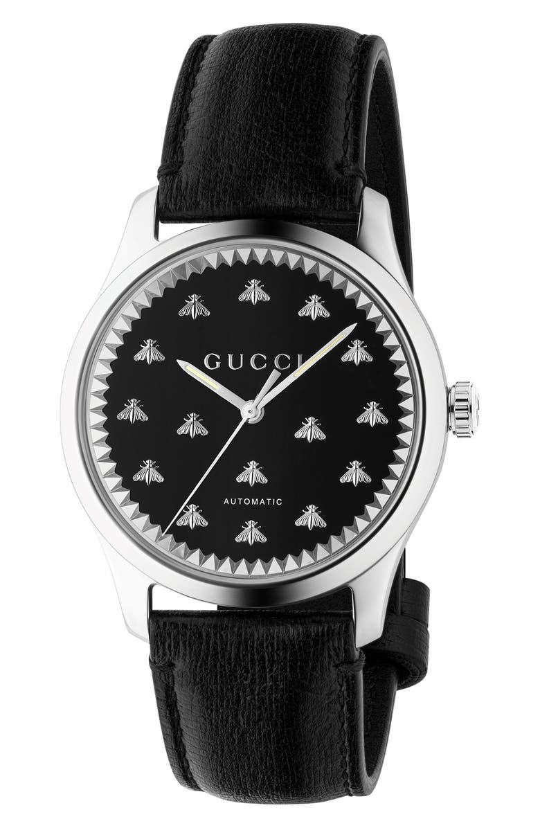 Gucci Bee Automatic Leather Strap Watch, 42mm, Main, color,