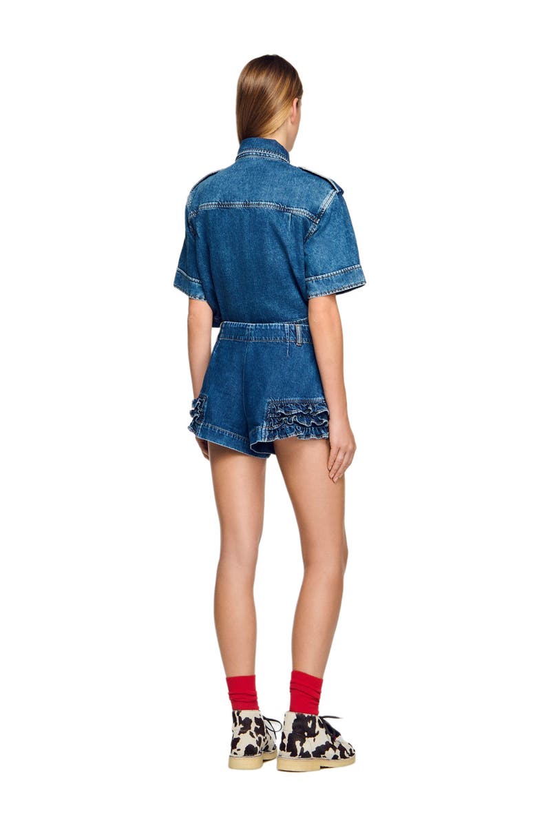 SANDRO Ruffled denim shorts, Alternate, color, Blue Jean