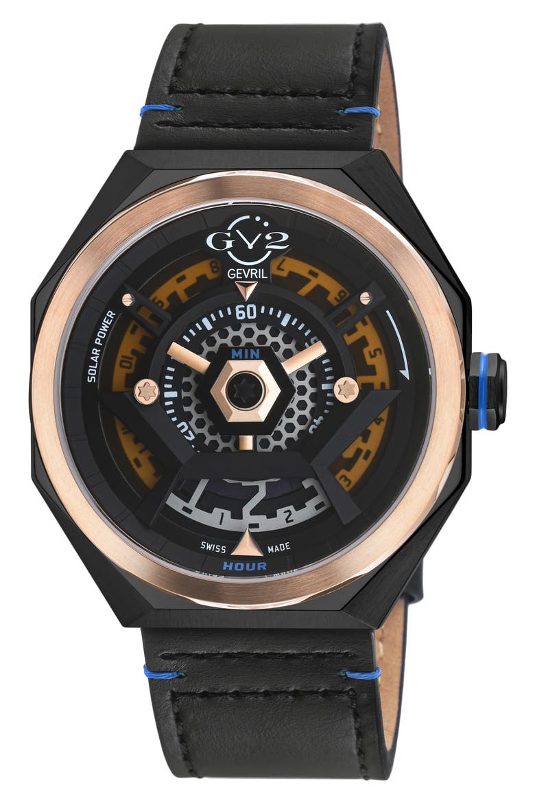 Stella Solare Power Leather Strap Watch, 44mm, Main, color, BLACK/BLUE
