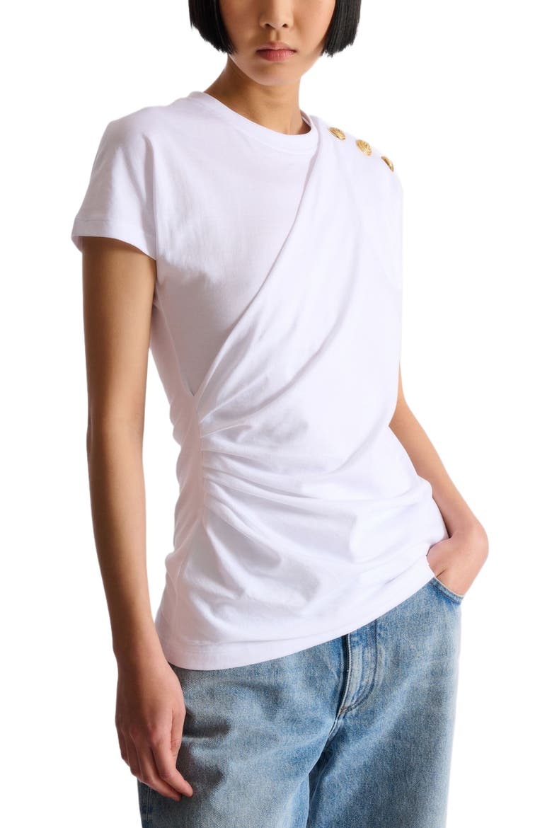 Draped T-shirt with buttons, Alternate, color, white