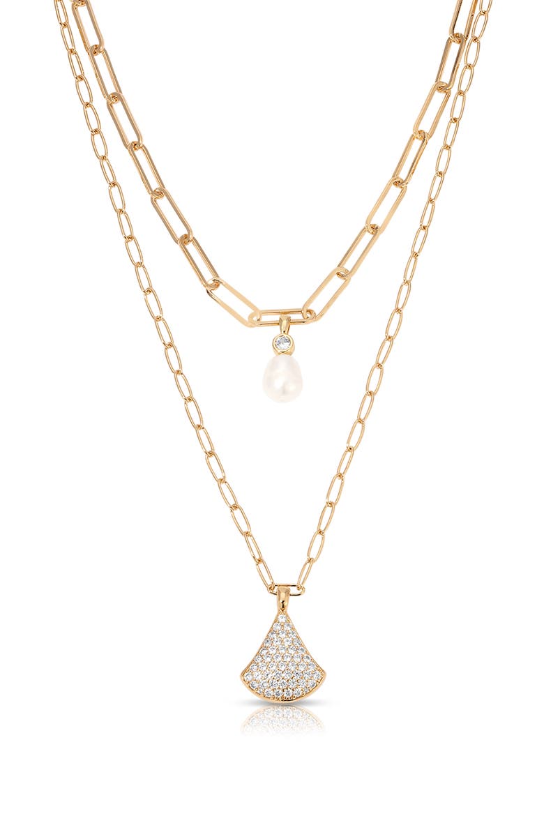 Layered Teardrop & Freshwater Pearl Charm Necklace, Main, color, GOLD