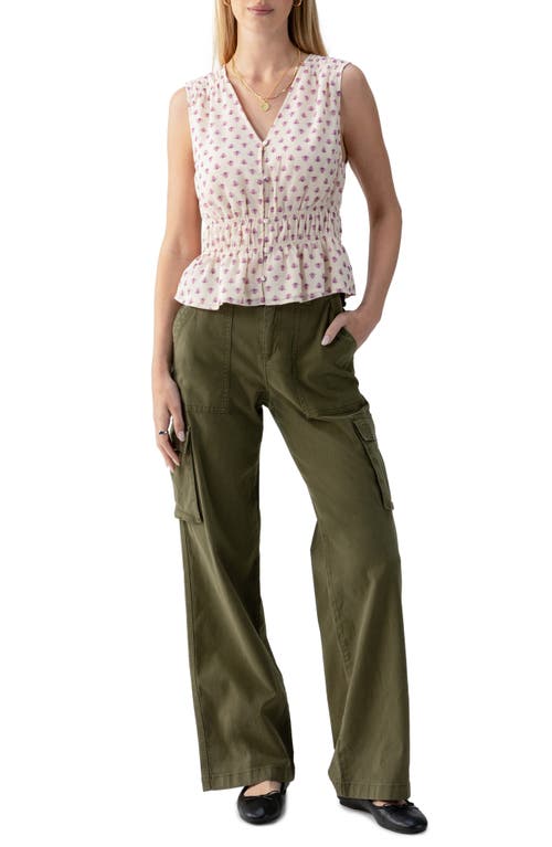 Sanctuary Print Shirred Crinkle Button-up Top In Lilac