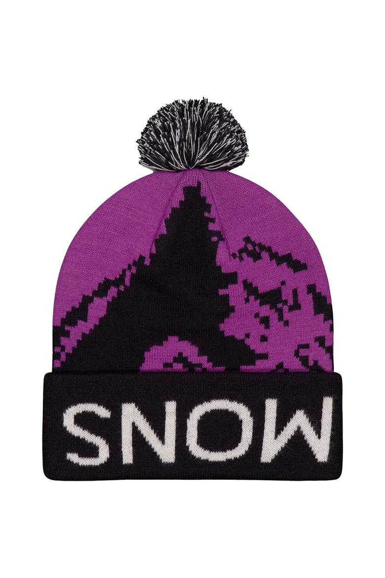 Mtn Pixel Merino Pom Pom Beanie, Alternate, color, Purple Bolt/Black