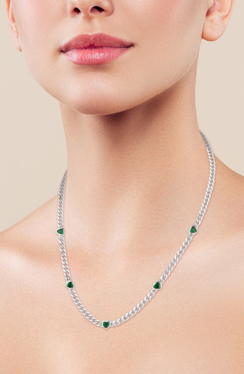 SPHERA MILANO Cubic Zirconia Heart Station Curb Chain Necklace, Alternate, color, Silver/Green