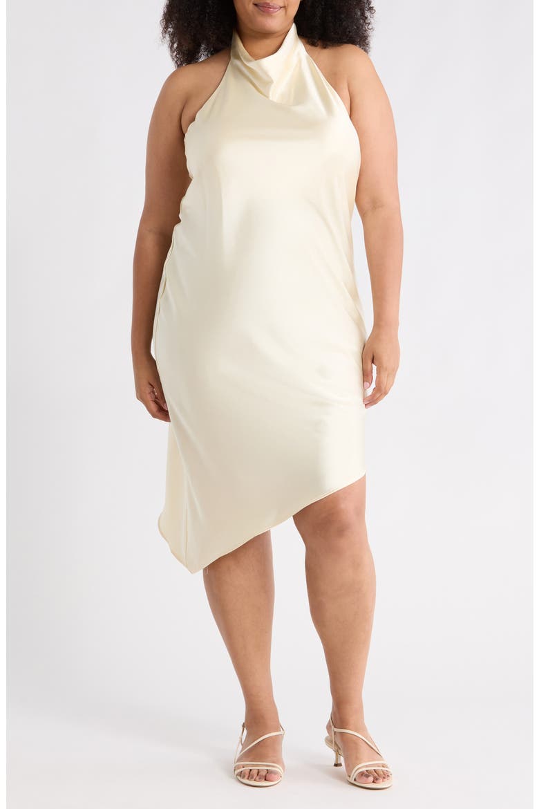 Halter Neck Asymmetric Satin Dress, Main, color, LIGHT BUTTER