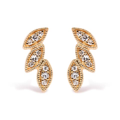 10K Yellow Gold 1/10 Cttw Diamond Triple Leaf Stud Earring