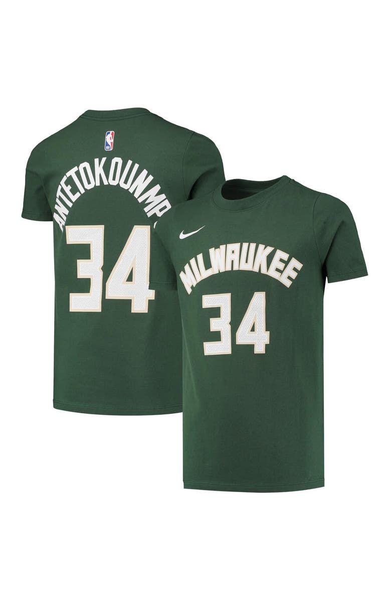 Nike Youth Nike Giannis Antetokounmpo Hunter Green Milwaukee Bucks Logo Name & Number Performance T-Shirt, Alternate, color, Hunter Green