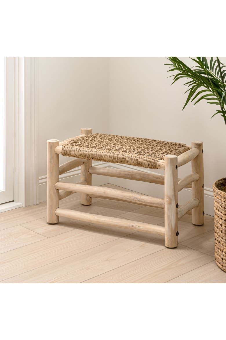 Chuck Bohemian Handcrafted Woven Synthetic Rattan Seat and Wood Indoor/Outdoor Backless Accent Stool, Alternate, color, Natural Bleach Finish