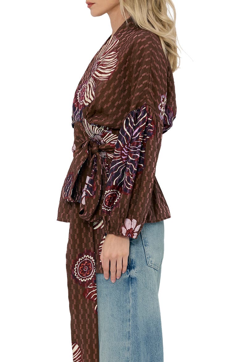 Opal Floral Balloon Sleeve Wrap Top, Alternate, color, BROWN MULTI