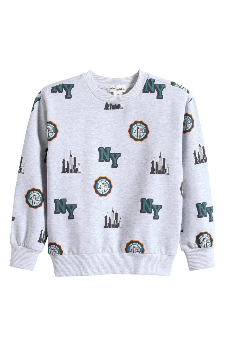 miles Kids' NYC Skyline Print Stretch Organic Cotton Sweatshirt, Main, color, Light Heather Grey
