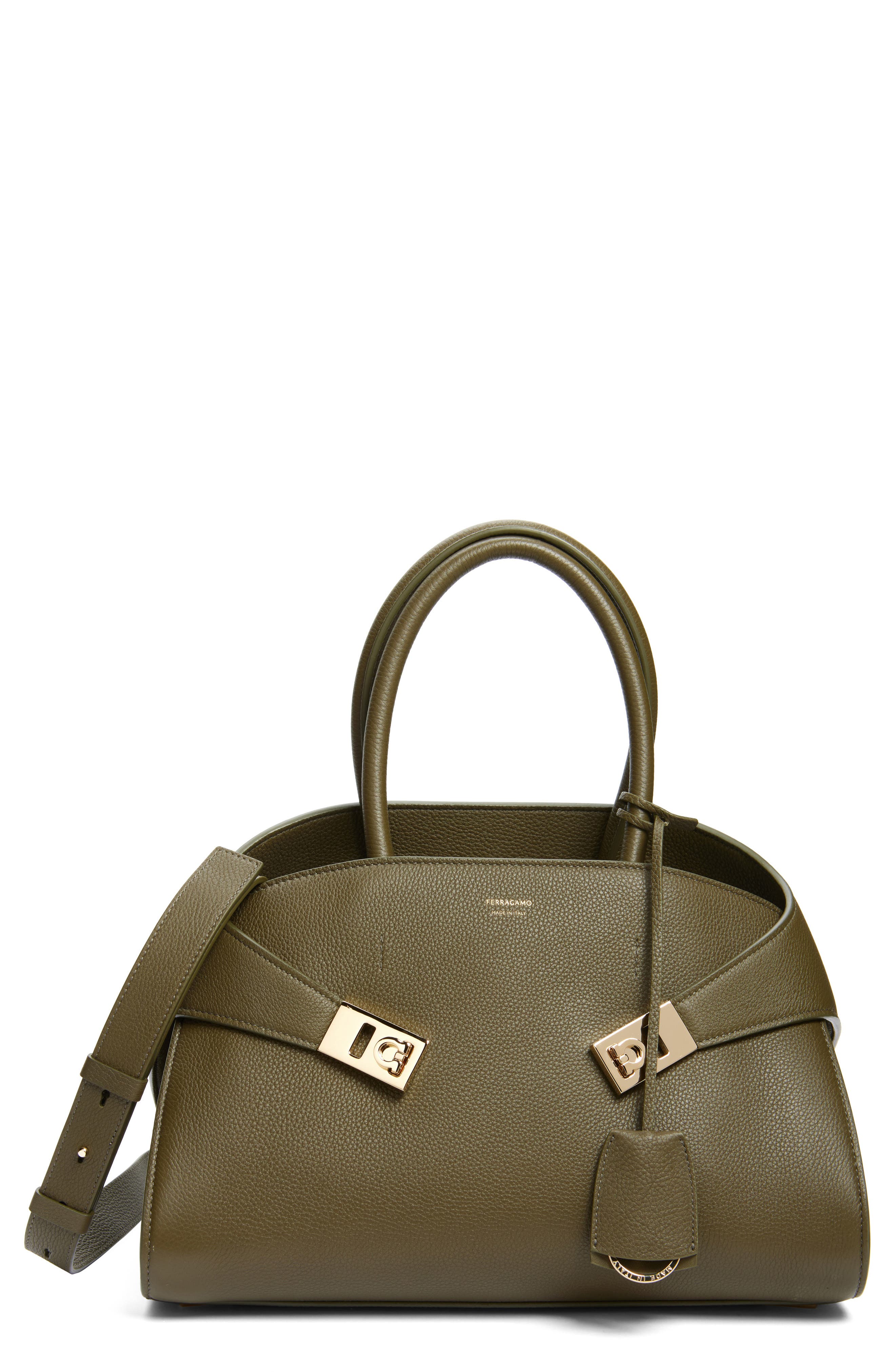 FERRAGAMO Small Hug Grained Leather Top Handle Bag, Main, color, New Olive
