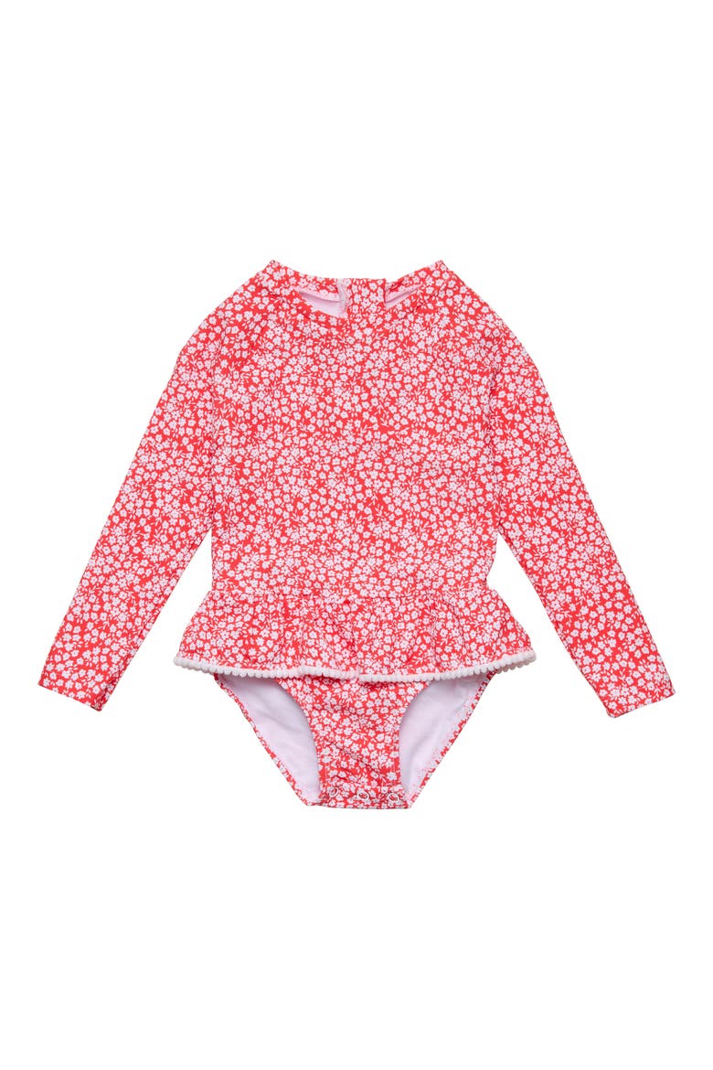 Ditsy Bloom UPF 50+ One-Piece Rashguard Swimsuit, Main, color, RED
