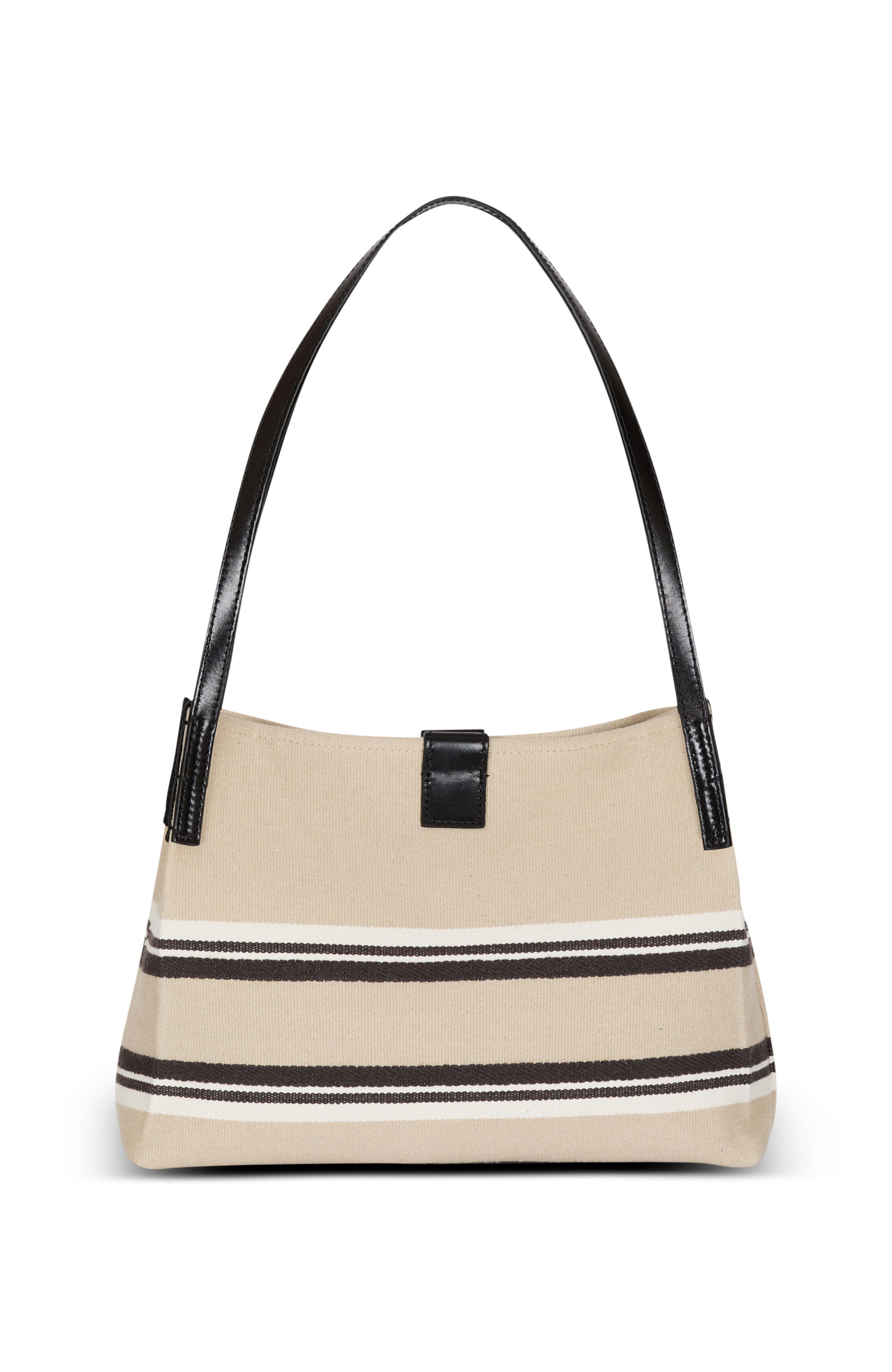 Balmain Small Release Shopper bag in canvas and calfskin, Alternate, color, Beige
