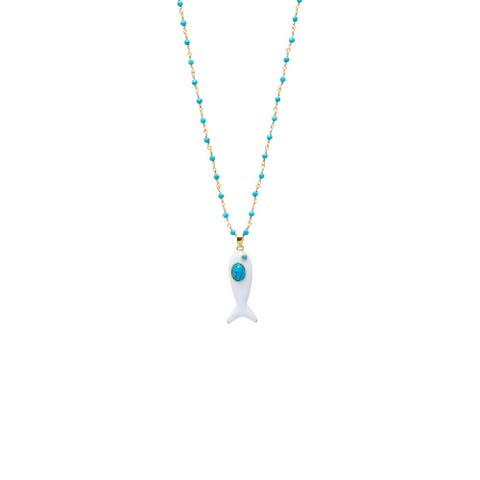 Enamel White /Turqoise Fish Charm Extra Long Necklace