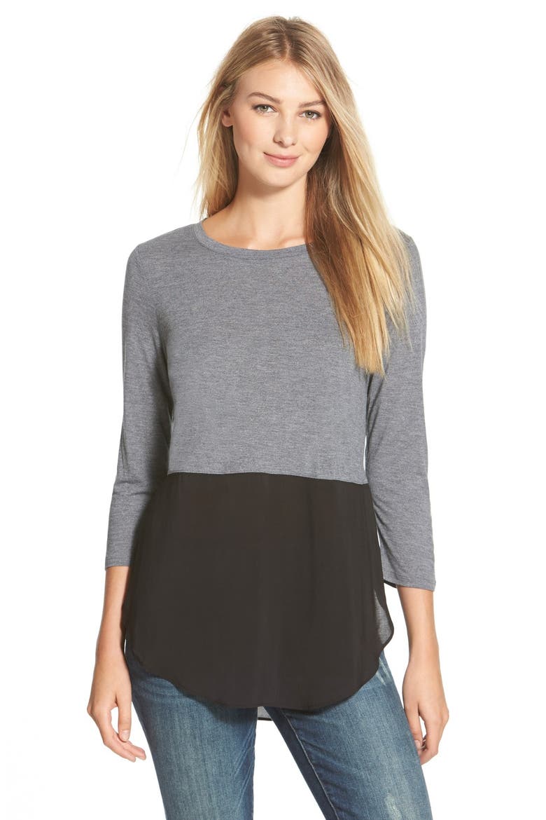 Two by Vince Camuto Mixed Media Jewel Neck Tunic, Main, color, DARK DOVE HEATHER