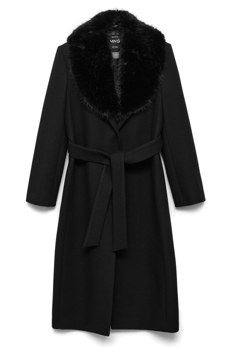 Dolce Wool Blend Wrap Coat with Removable Faux Fur Collar, Alternate, color, BLACK