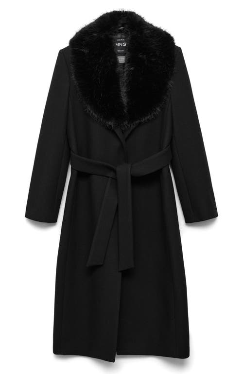 MANGO MANGO DOLCE WOOL BLEND WRAP COAT WITH REMOVABLE FAUX FUR COLLAR 
