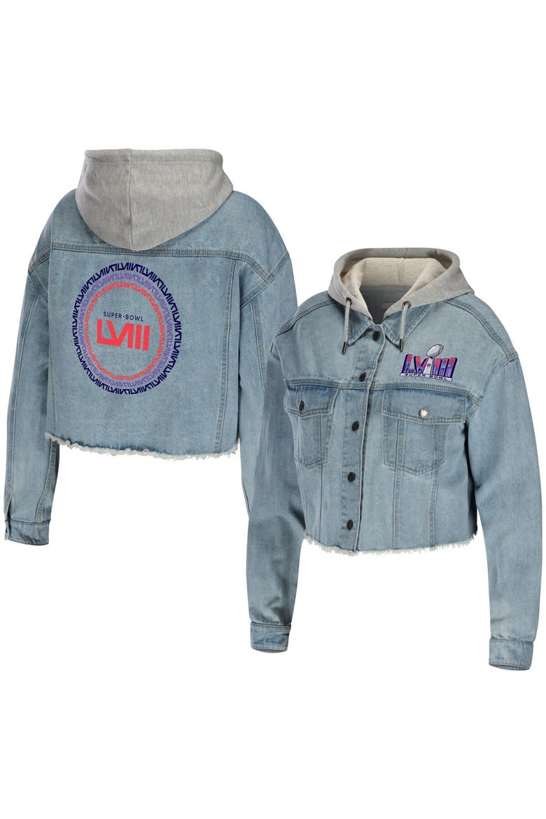 Women's WEAR by Erin Andrews Denim Super Bowl LVIII Cropped Hoodie Full-Snap Jacket, Main, color, Denim