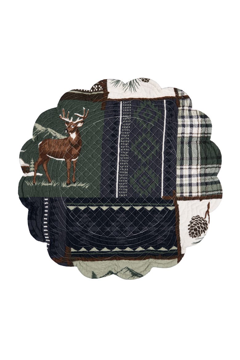Greenstone Pines Round Scalloped Placemats Set of 6 Black Bear Moose, 17", Alternate, color, Green