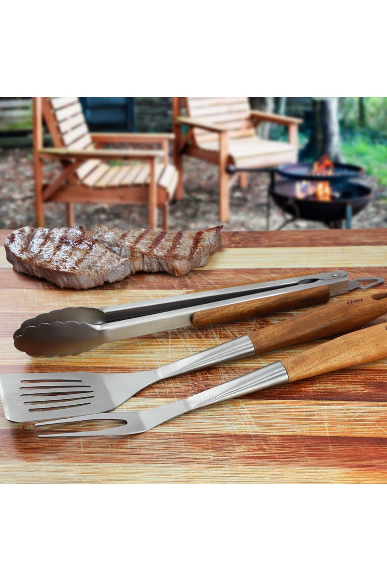 Balincourt 3 Piece Stainless Steel and Wood BBQ Tool Set, Alternate, color, Brown