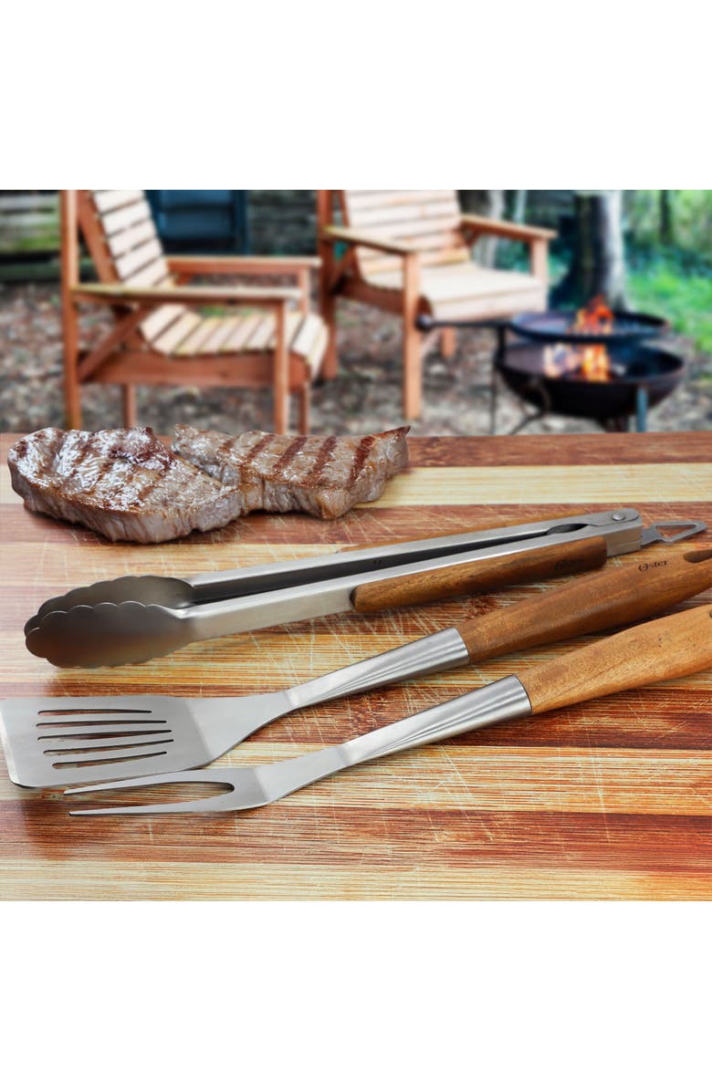 OSTER Balincourt 3 Piece Stainless Steel and Wood BBQ Tool Set, Alternate, color, Brown