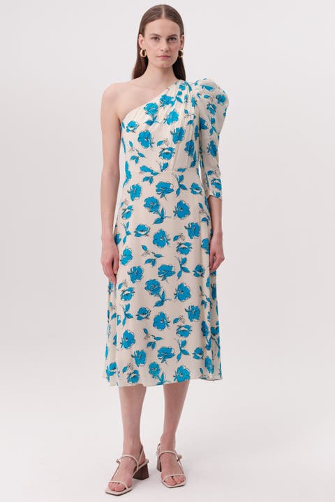 One Shoulder Floral Print Midi Dress
