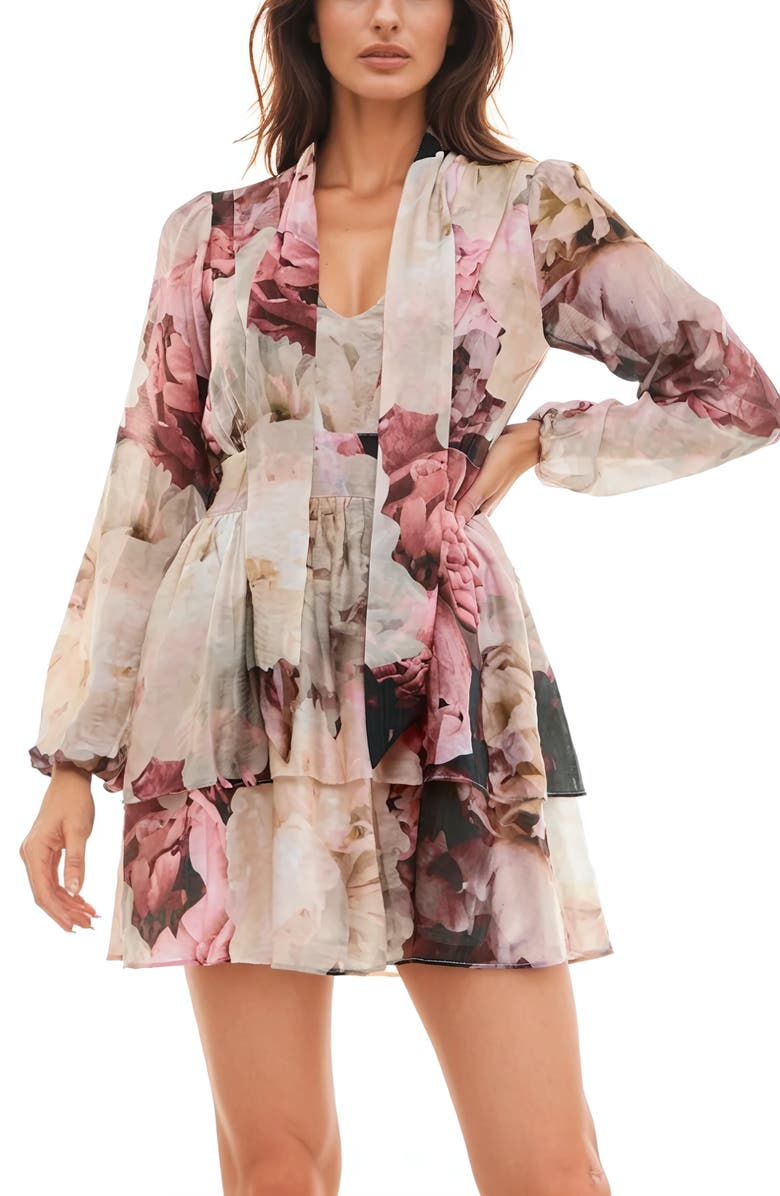Socialite Floral Print Tiered Long Sleeve Minidress, Alternate, color, 