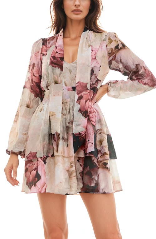 Socialite Floral Print Tiered Long Sleeve Minidress In Mauve/cream