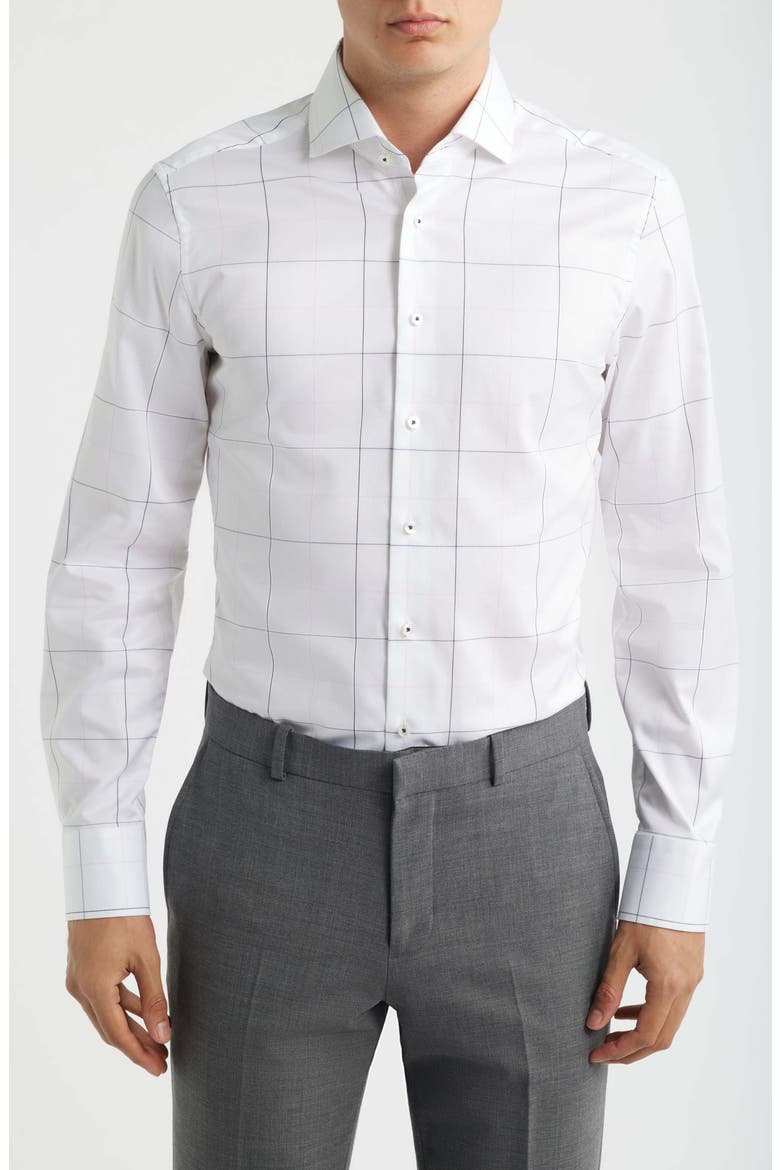 Slim Fit Windowpane Check Non-Iron Cotton Twill Dress Shirt, Main, color, NAVY