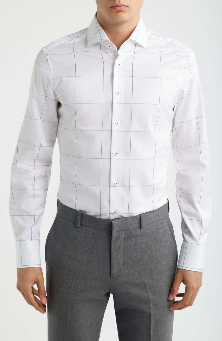 1863 by Eterna Slim Fit Windowpane Check Non-Iron Cotton Twill Dress Shirt, Main, color, Navy