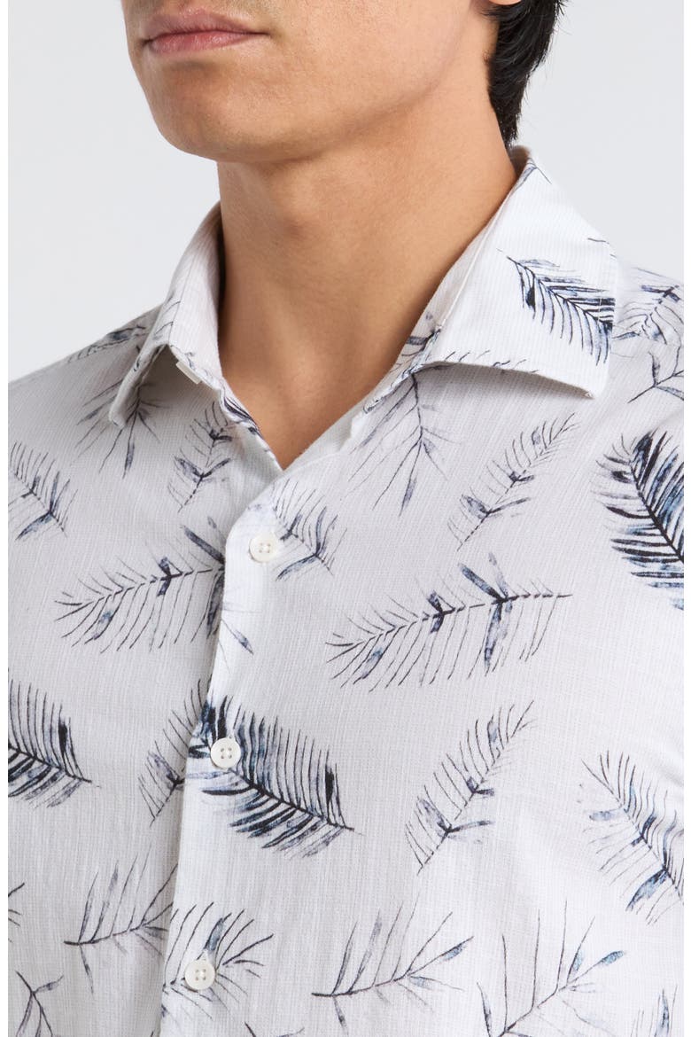 Manolo Feather Print Short Sleeve Stretch Cotton Button-Up Shirt, Alternate, color, WHITE