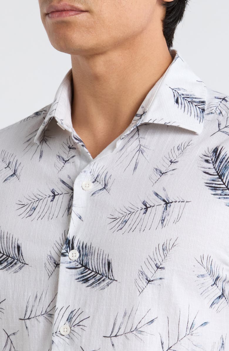 Robert Barakett Manolo Feather Print Short Sleeve Stretch Cotton Button-Up Shirt, Alternate, color, White