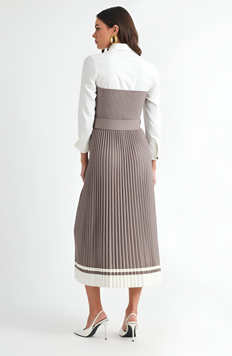 Modenaire Pleated Belted Shirt Collar Contrast Hem Midi Dress, Alternate, color, 