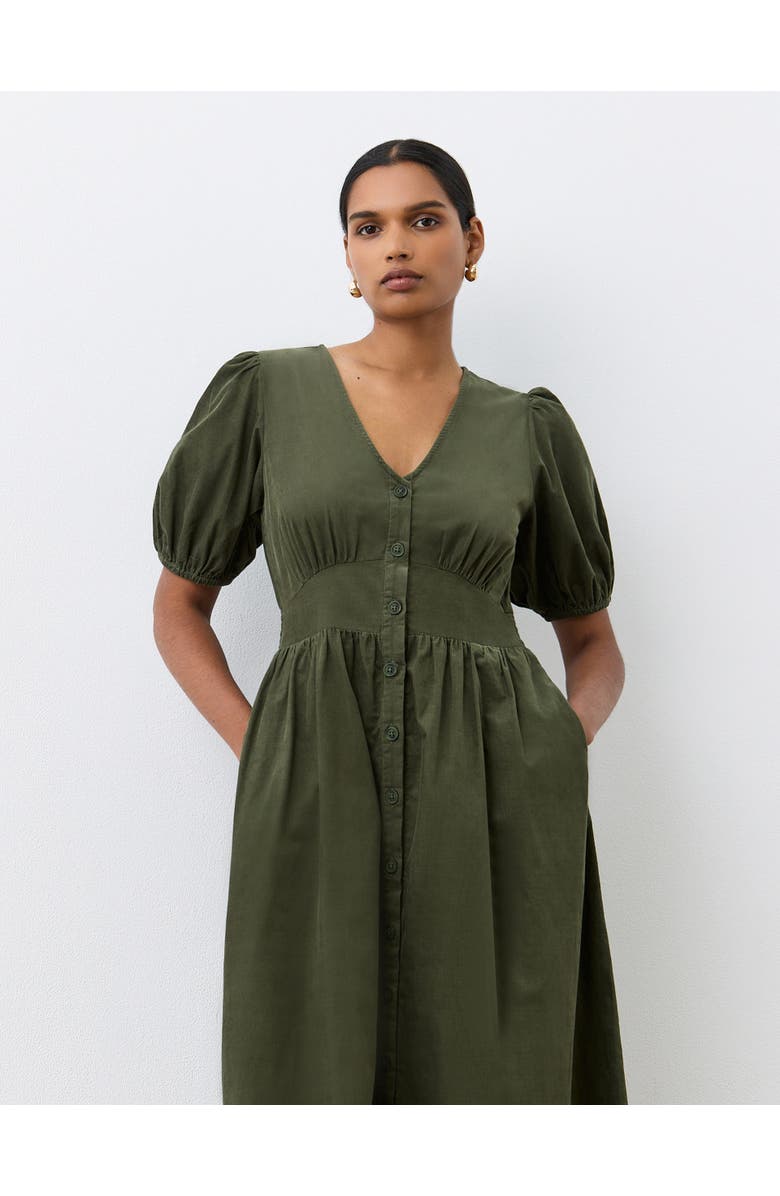 Finery London Arlow Short Sleeve Corduroy Midi Dress, Alternate, color, Khaki