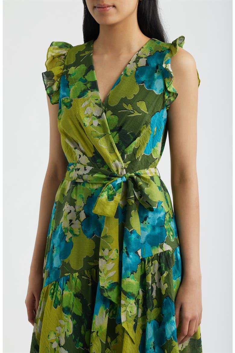 Floral Print Faux Wrap Midi Dress, Alternate, color, IVY MULTI