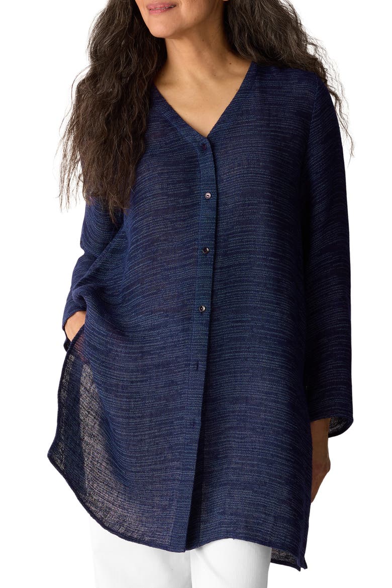 Jacquard Organic Linen Blend Button-Up Shirt, Main, color, INK