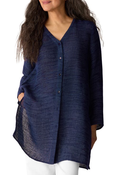 Jacquard Organic Linen Blend Button-Up Shirt