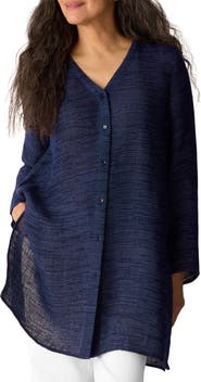 Eileen Fisher Jacquard Organic Linen Blend Button-Up Shirt