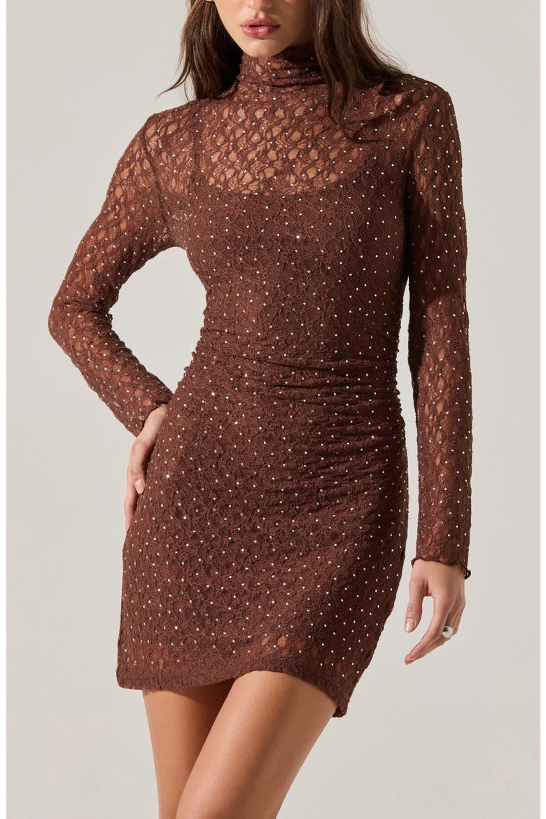 Kourtney Mock Neck Lace Long Sleeve Minidress, Alternate, color, BROWN