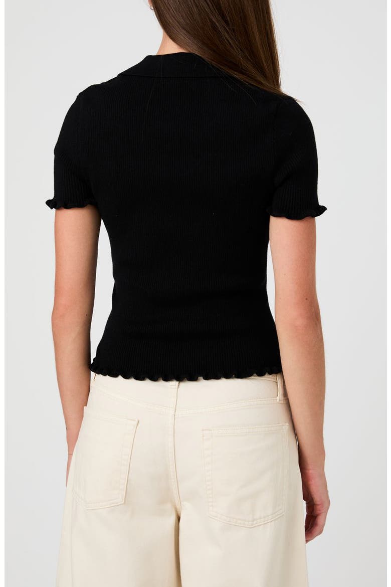 Ruffle Trim Ribbed Polo Sweater, Alternate, color, BLACK
