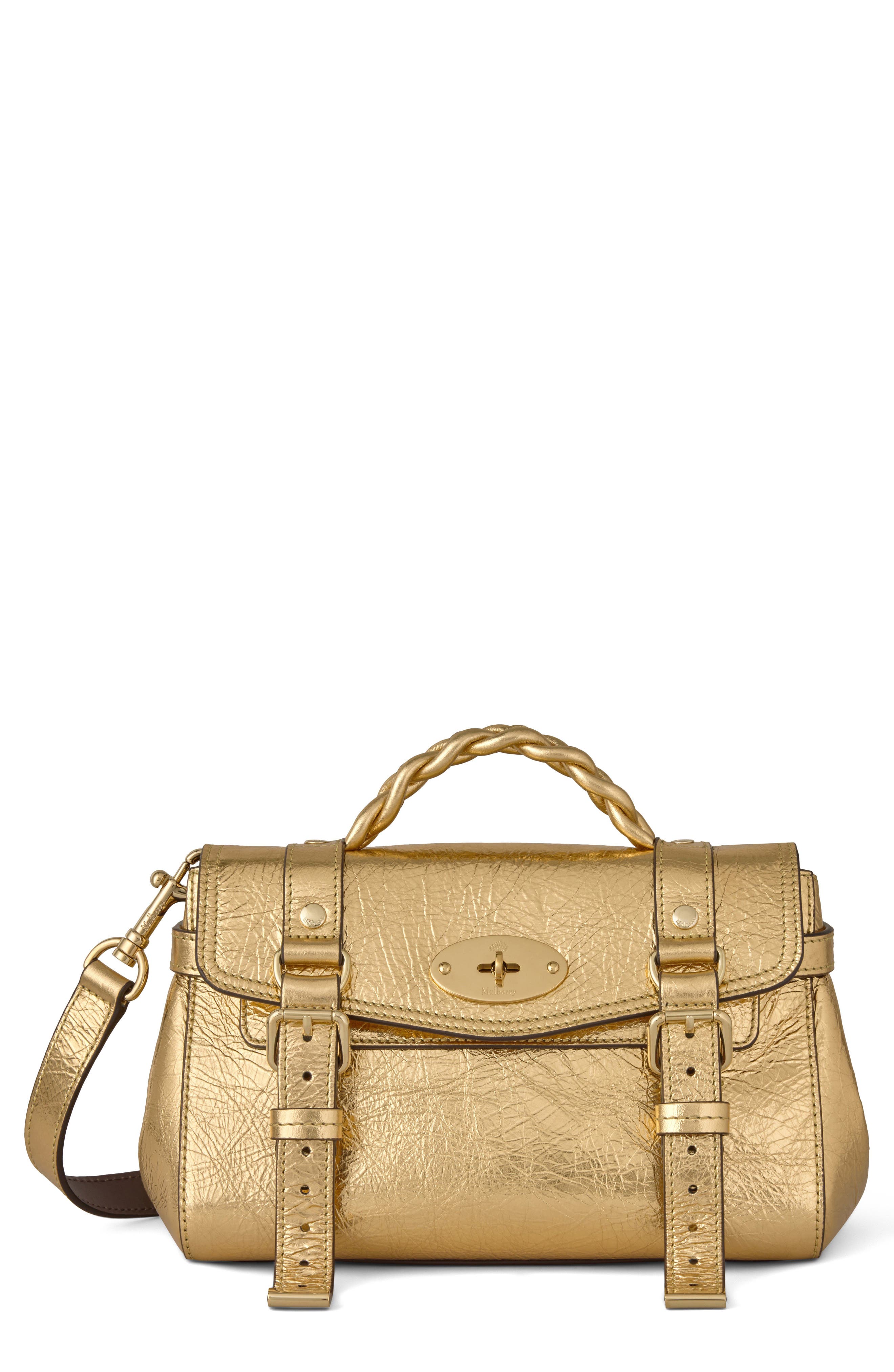 Mulberry Mini Alexa Metallic Leather Satchel, Main, color, Somerset Gold