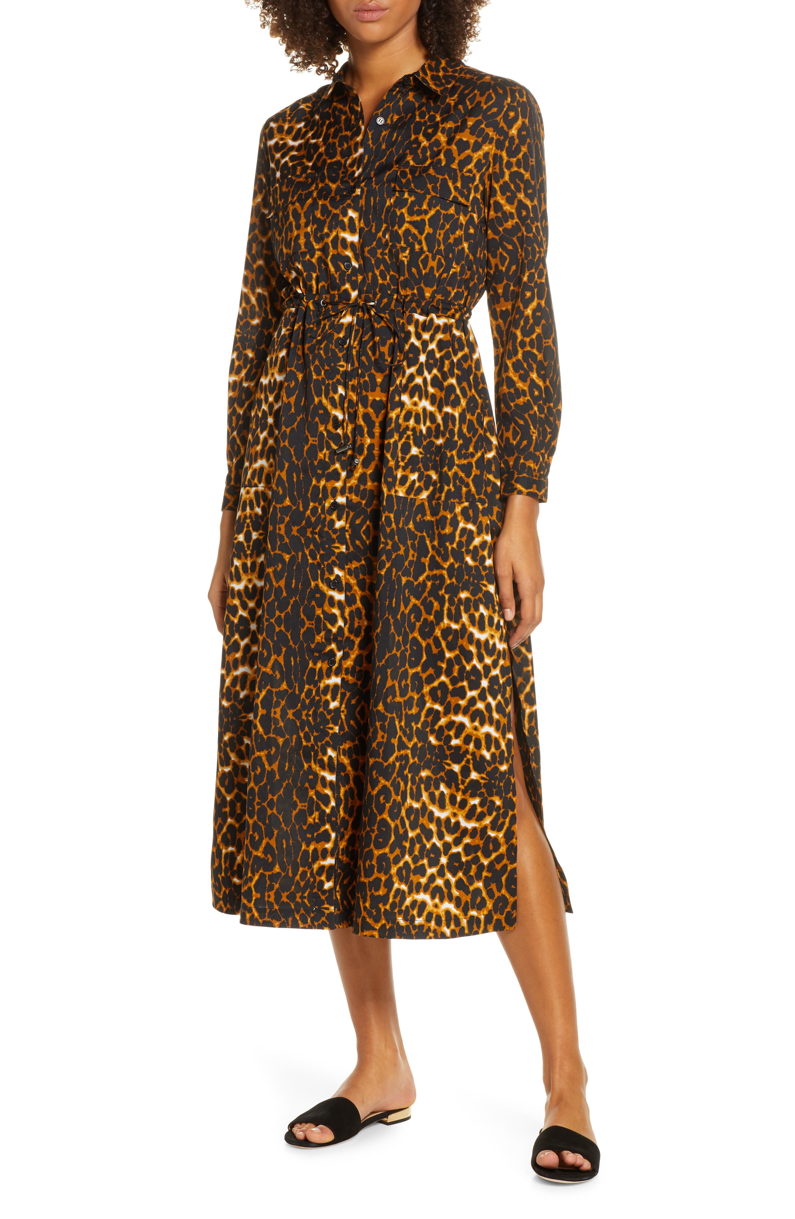 French Connection Leopard Print Long Sleeve Shirtdress (Women ...