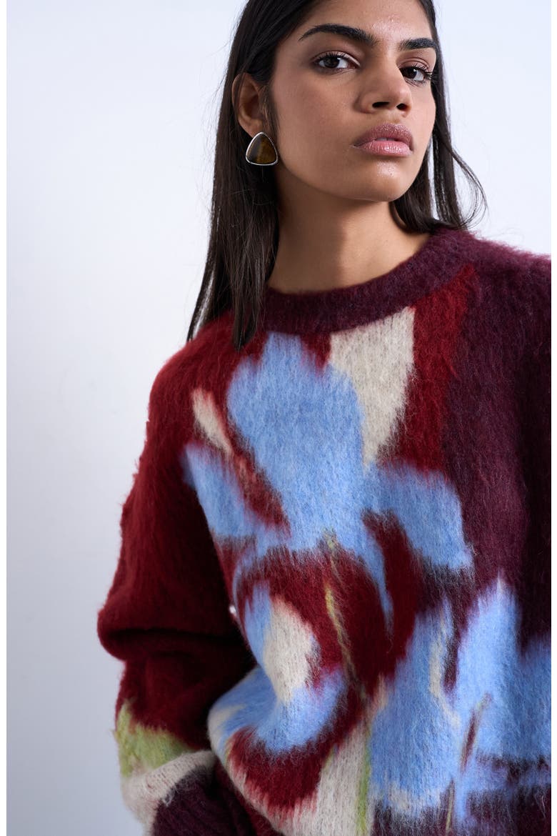 Blurred Floral Fuzzy Sweater, Alternate, color, BURGUNDY