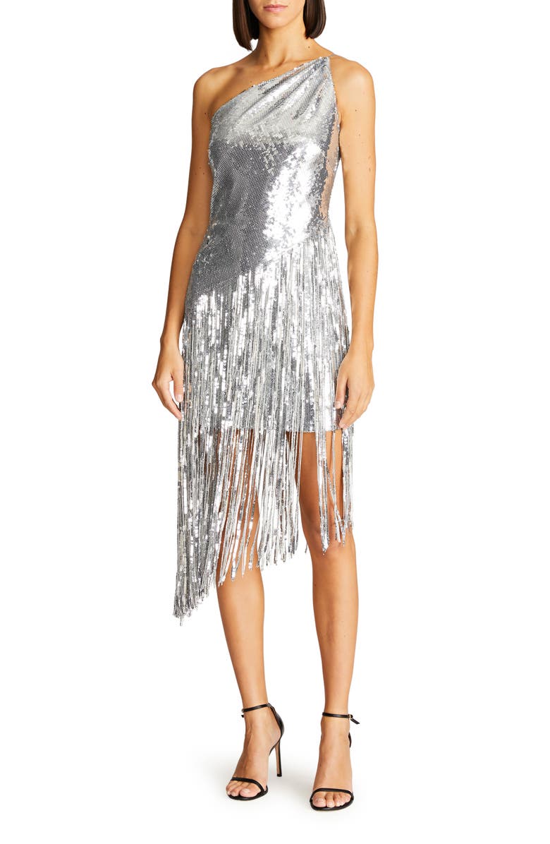 HALSTON Tonya Sequin Fringe One-Shoulder Cocktail Dress, Main, color,