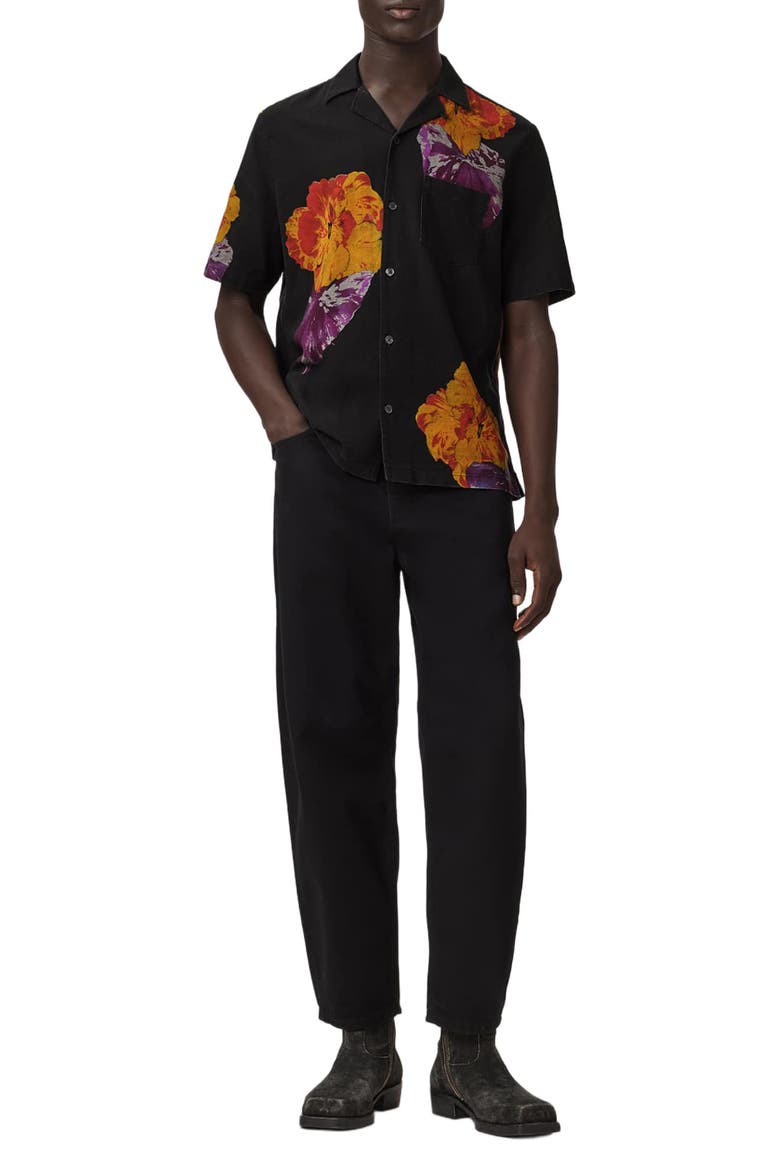 Nouvelle Floral Linen & Cotton Camp Shirt, Alternate, color, JET BLACK