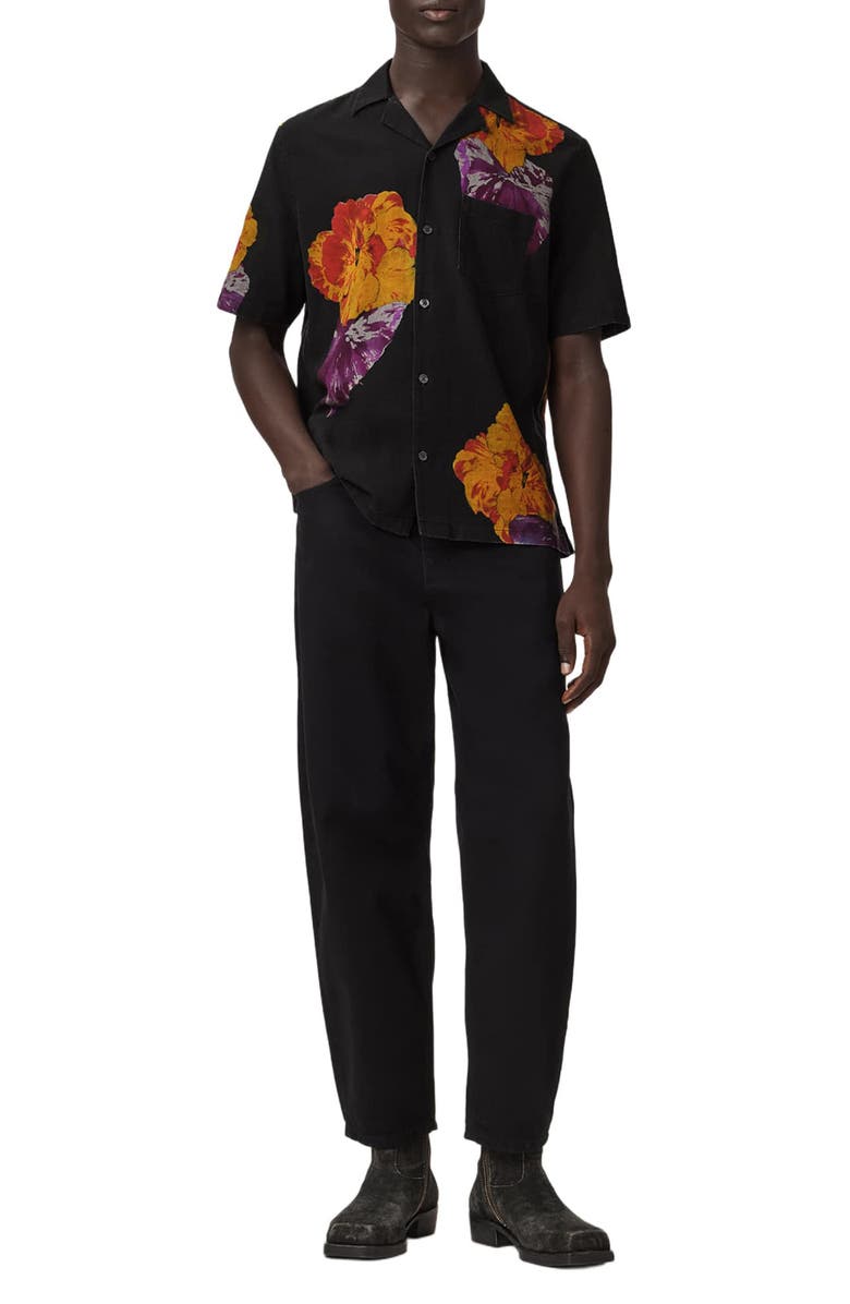AllSaints Nouvelle Floral Linen & Cotton Camp Shirt, Alternate, color, Jet Black