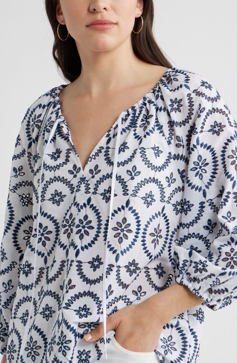 Caslon<sup>®</sup> Embroidered Eyelet Lace Top, Alternate, color, White- Blue Embroidery