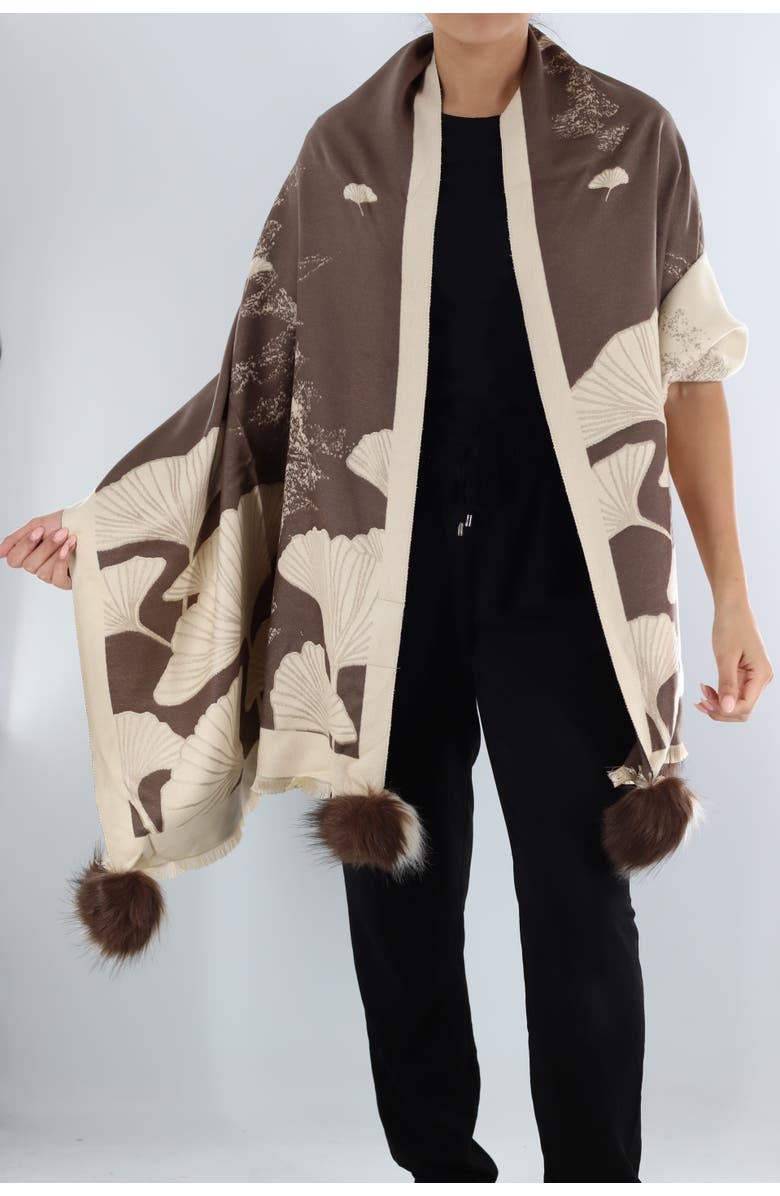 La Fiorentina Shell Print Wrap with Faux Poms, Main, color, Brown/Ivory